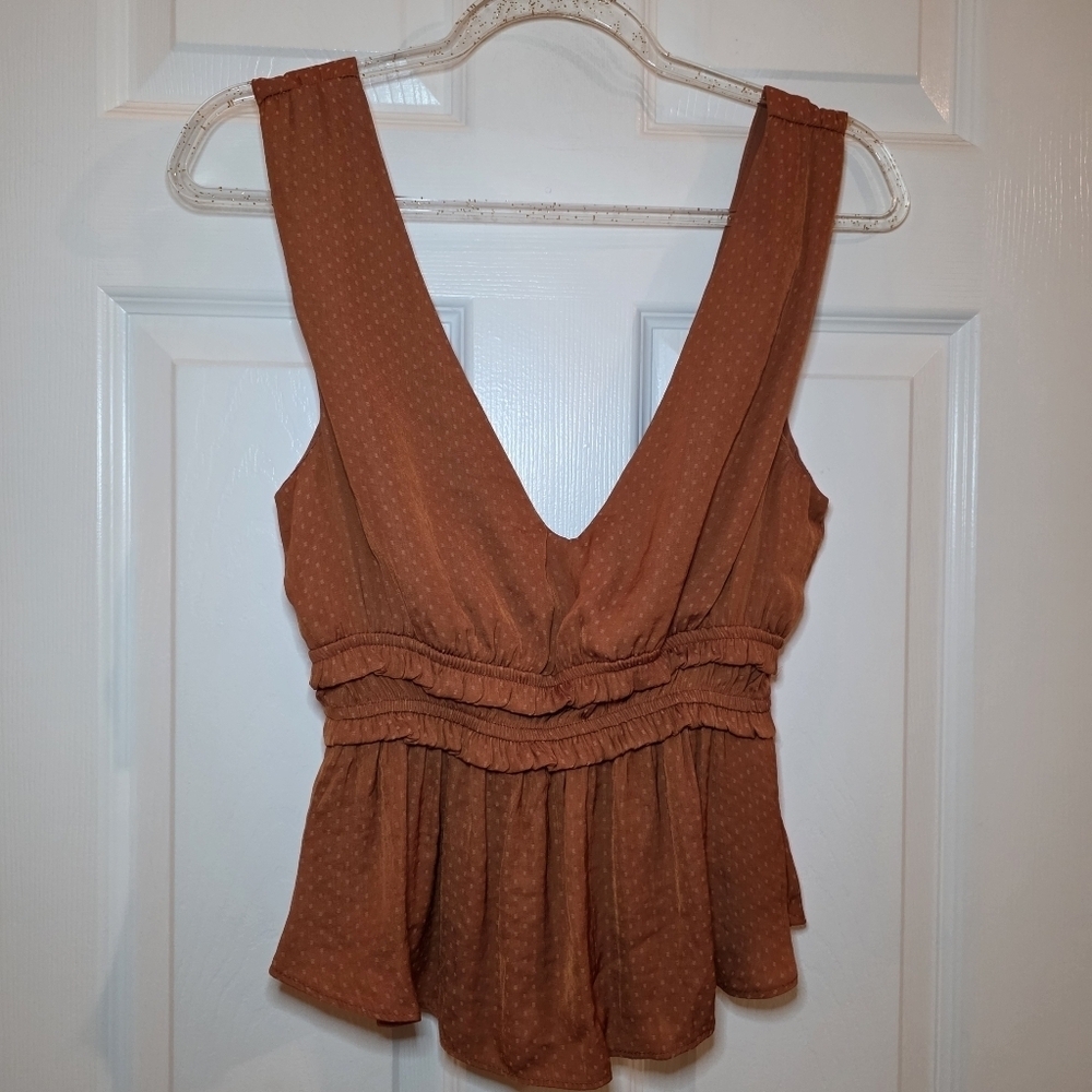 Storia NEW Alicia V Neck Sleeveless Peplum Top in Rust Dot Size M